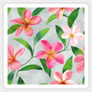 Tropical plumeria flowers and leaves watercolor seamless pattern. Exotic pink flowers composition. Colorful floral summer arrangement on textural background Sticker